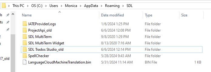 File Explorer window showing the contents of Monica's AppData Roaming SDL folder with folders and files related to SDL Trados Studio.