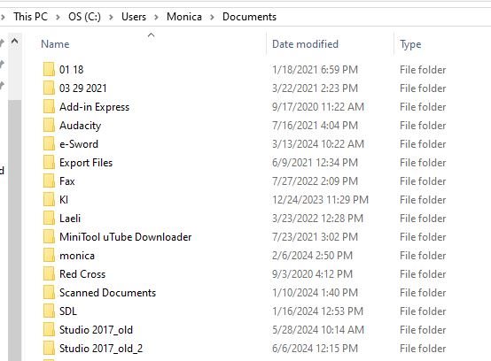 File Explorer window showing a list of folders under Monica's Documents directory, including several SDL and Trados related folders.