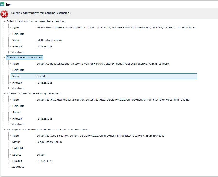 Error dialog box titled 'Failed to add window command bar extensions.' with multiple error details including 'Sdl.Desktop.Platform' and 'System.Net.HttpWebRequestException'.