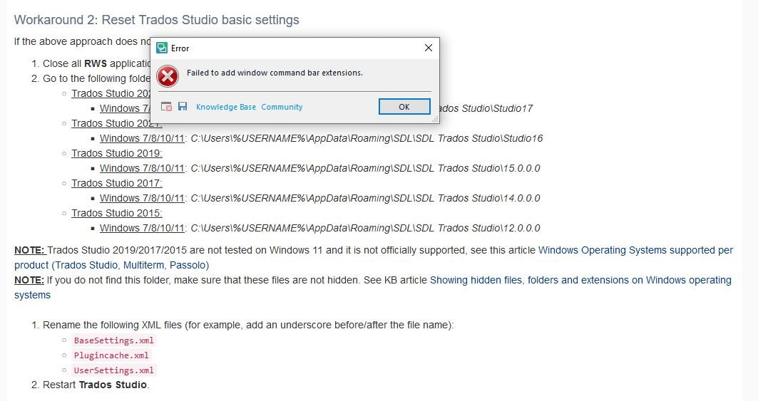 Screenshot of an error message and instructions for resetting Trados Studio basic settings, with a highlighted error 'Failed to add window command bar extensions.'