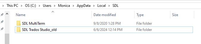 File Explorer window displaying the contents of Monica's AppData Local SDL folder with folders named 'SDL MultiTerm' and 'SDL Trados Studio_old'.