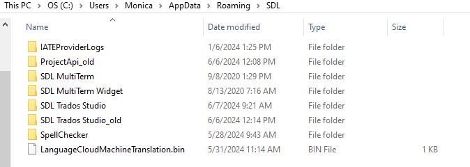 File Explorer window showing folders inside the SDL directory. Notable folders include 'SDL Trados Studio' and 'SDL Trados Studio_old'.