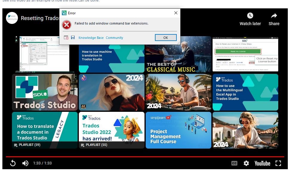 Error message popup over a YouTube tutorial video for resetting Trados Studio, stating 'Failed to add window command bar extensions.'
