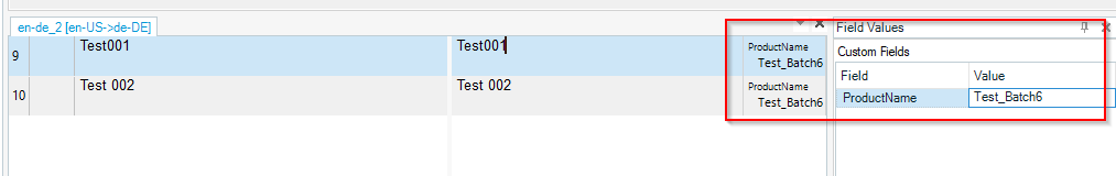 Screenshot of Trados Studio interface showing segments 9 and 10 with 'Test001' and 'Test002' respectively, and a 'Field Values' dialog box with 'ProductName' attribute set to 'Test_Batch6'.