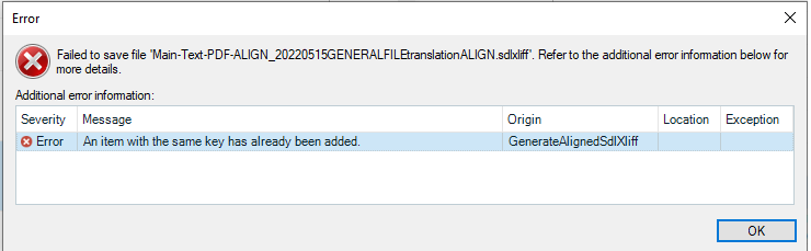 Error dialog box in Trados Studio showing 'Failed to save file' with message 'An item with the same key has already been added.'