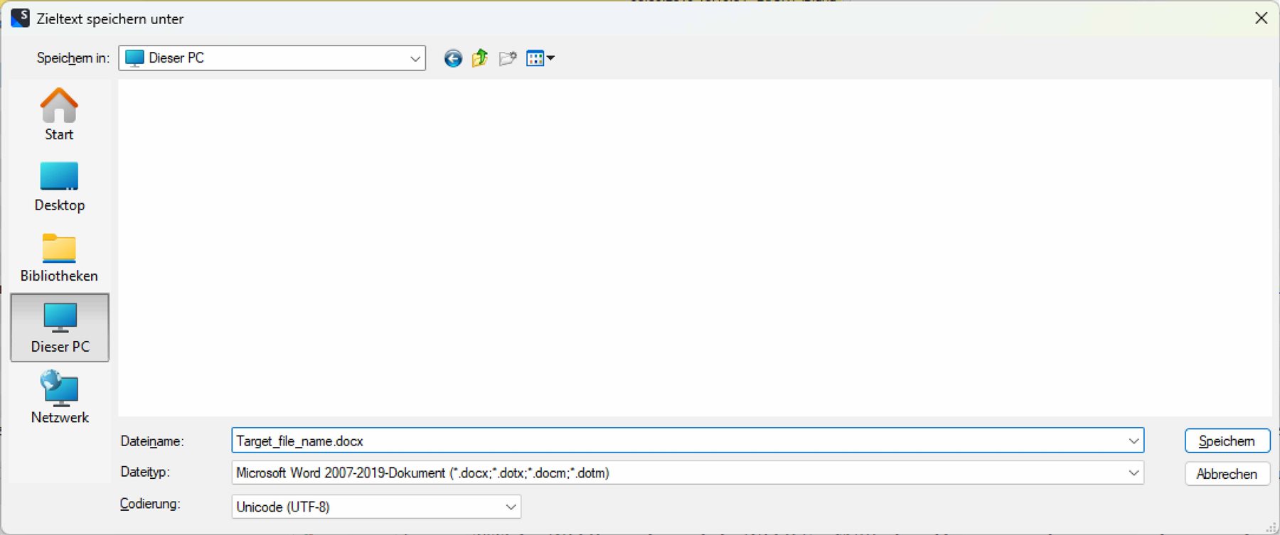 Trados Studio 2022 Pro SR2 save target document window with no details displayed. File name 'Target_file_name.docx' and type 'Microsoft Word 2007-2019 Document' are visible.