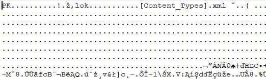 Text editor displaying the start of an XLSX file with 'PK' followed by several characters and 'Content_Types.xml'.