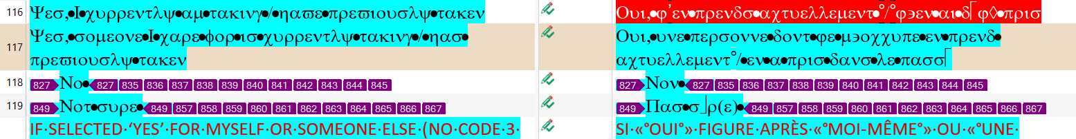 Screenshot of Trados Studio 2022 showing segments of a document with Greek characters, segment numbers 116 and 117 highlighted with font adaptation issue.
