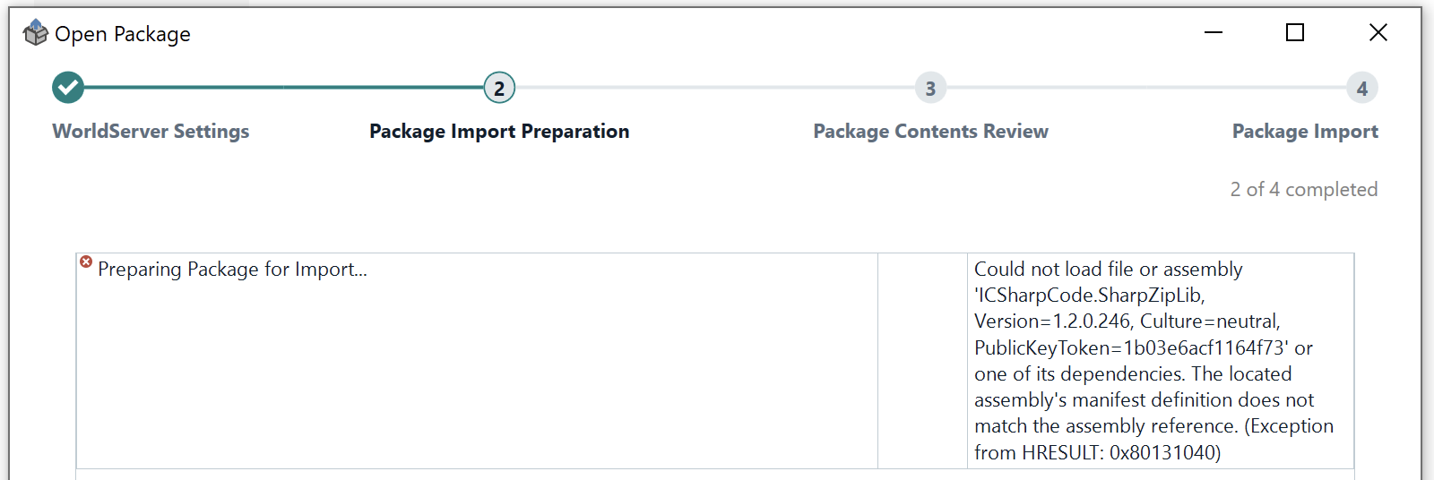 Error message in Trados Studio during 'Open Package' process showing 'Preparing Package for Import...' with a red error icon and a detailed error message about failing to load file or assembly.