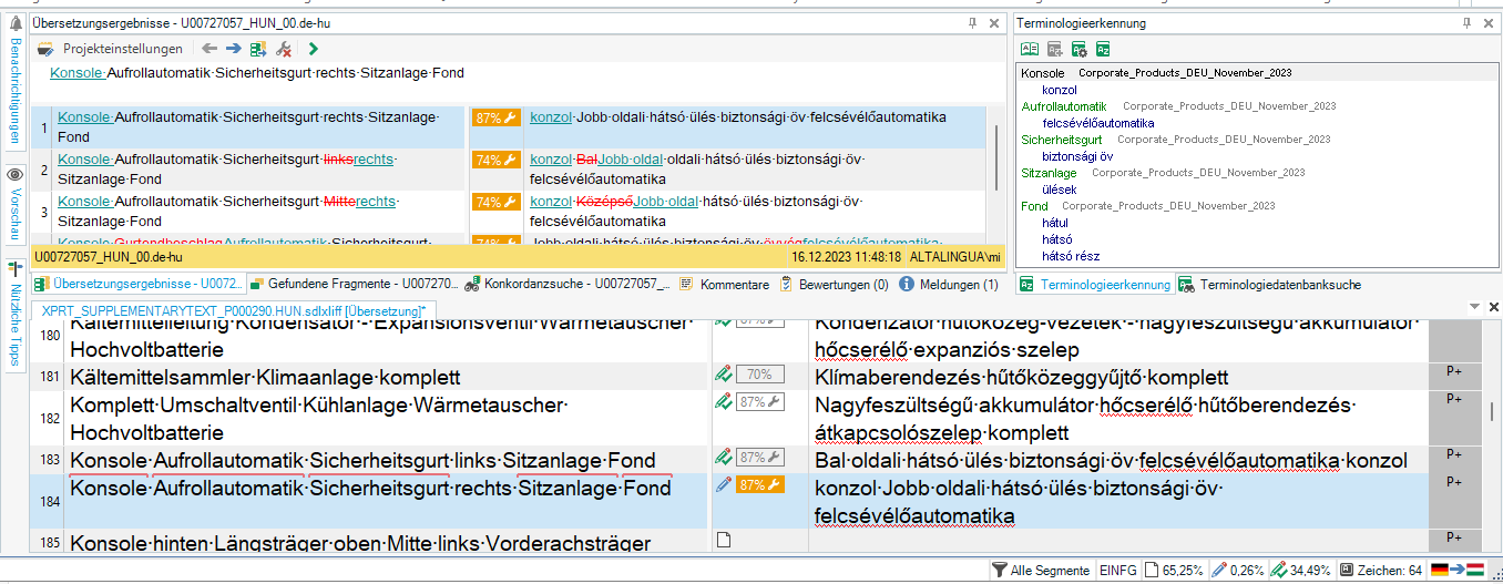 Screenshot of Trados Studio showing segments 183 and 184 with similar content but different match percentages from the Translation Memory.