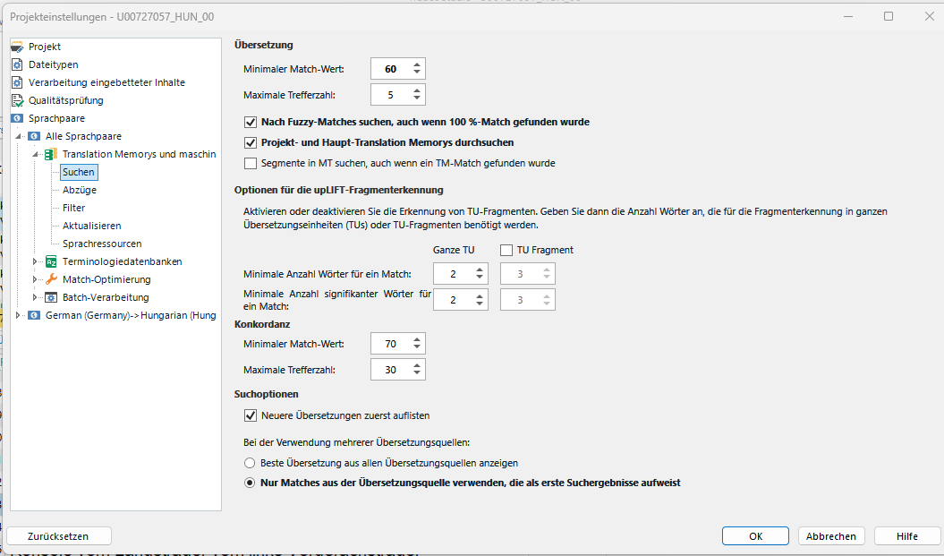 Screenshot of Trados Studio project settings with options for Translation Memory and Automated Translation, including match value settings and search options.
