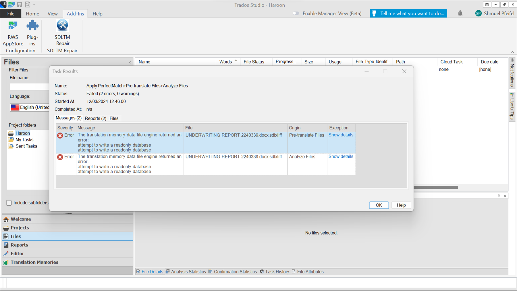Trados Studio error messages showing 'The translation memory data file engine returned an error: attempt to write a readonly database' for file UNDERWRITING REPORT 2240339.docx.sdlxliff during pre-translate and analyze files tasks.