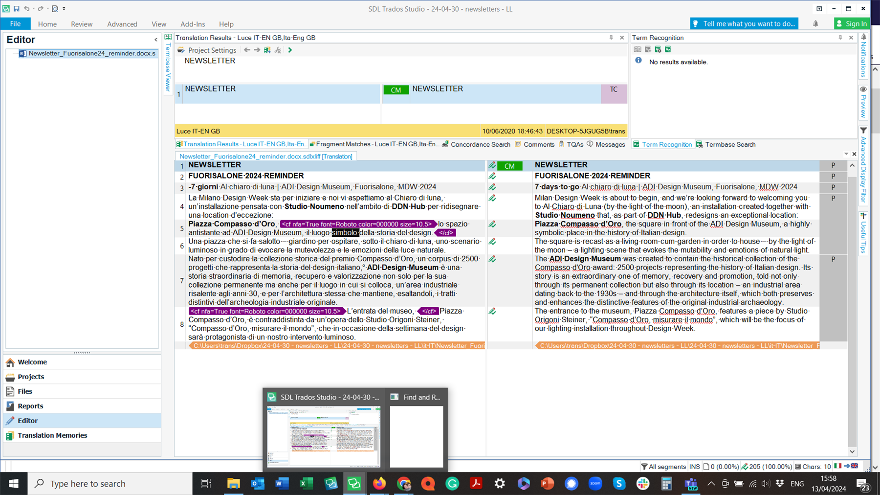Screenshot of Trados Studio software showing the Editor workspace with a newsletter translation project open. The Find and Replace window is missing from the interface.