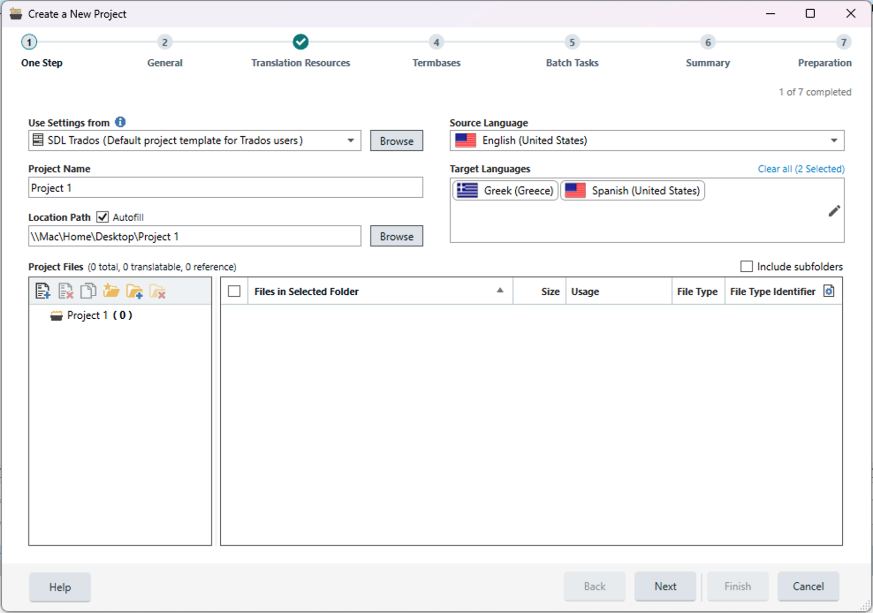 Trados Studio screenshot showing the 'Create a New Project' window with tabs for 'One Step', 'General', 'Translation Resources', 'Termbases', 'Batch Tasks', and 'Summary'. Source language set to English (United States) with target languages Greek (Greece) and Spanish (United States). No project files listed in the 'Files in Selected Folder' section.