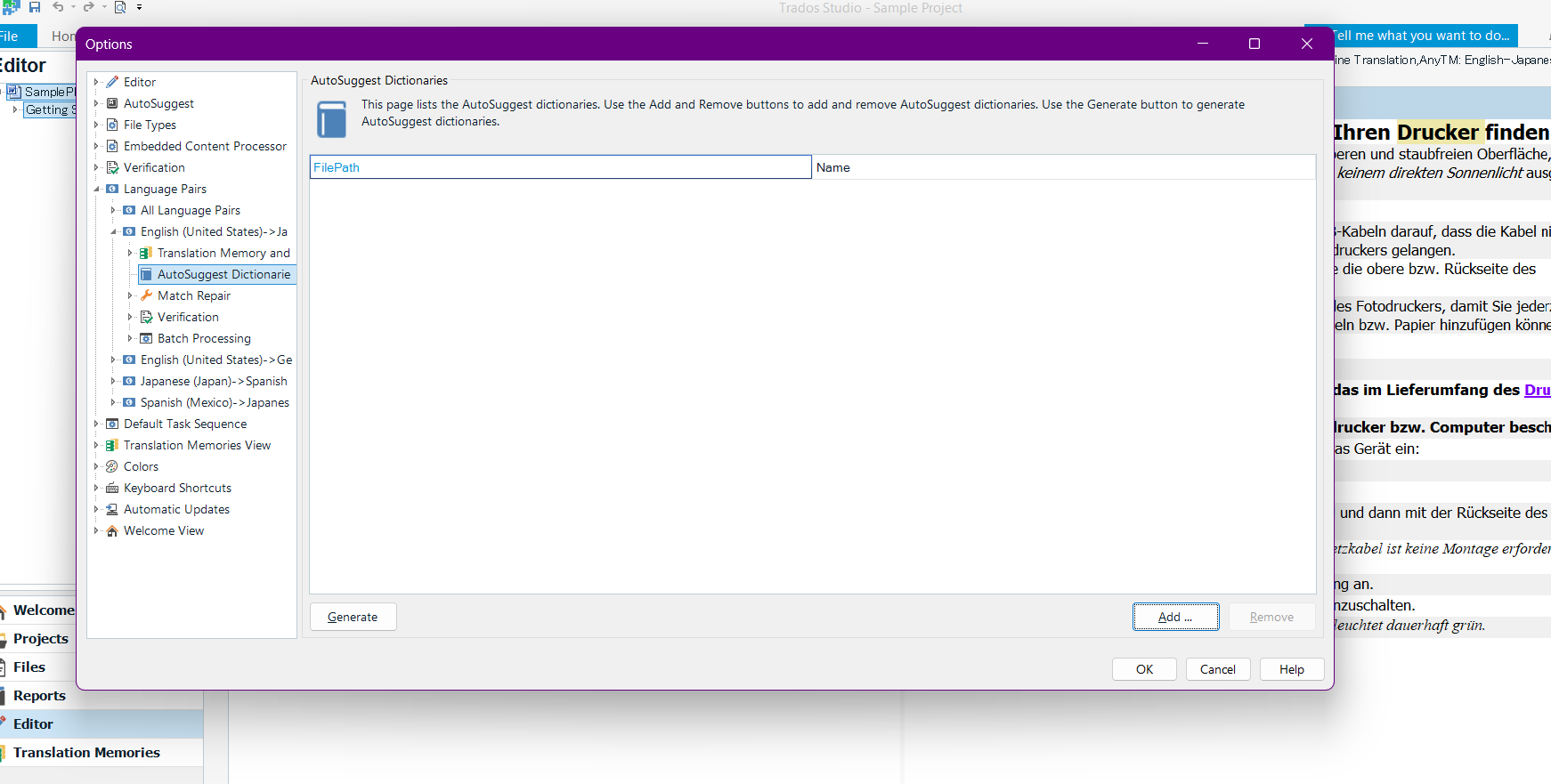 Screenshot of Trados Studio options menu showing AutoSuggest Dictionaries page with no dictionaries listed for English to Japanese language pair.