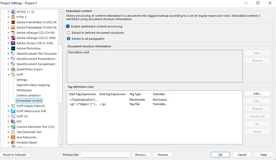 Trados Studio Project Settings window showing the Embedded Content section with options for enabling embedded content processing and tag definition rules for XLIFF files.