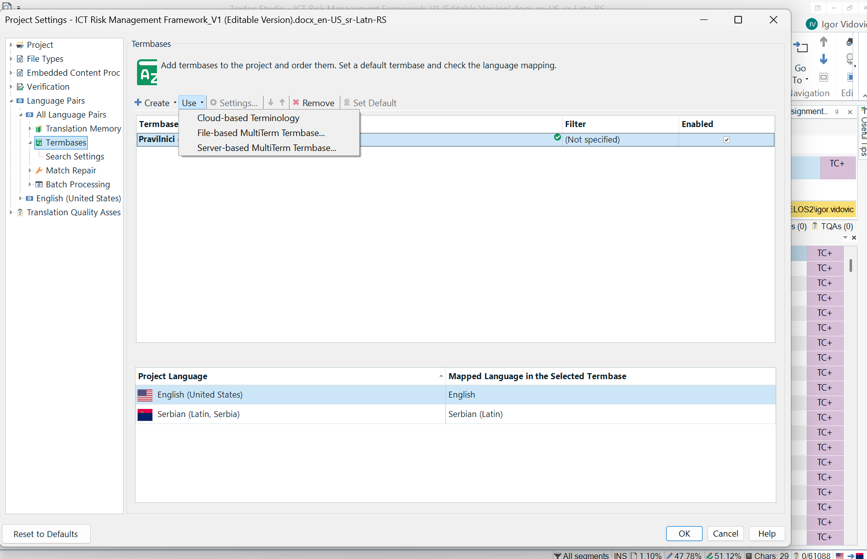 Trados Studio Project Settings window showing Termbases section with options to add, use, or remove termbases. A file-based MultiTerm termbase is selected but not specified.
