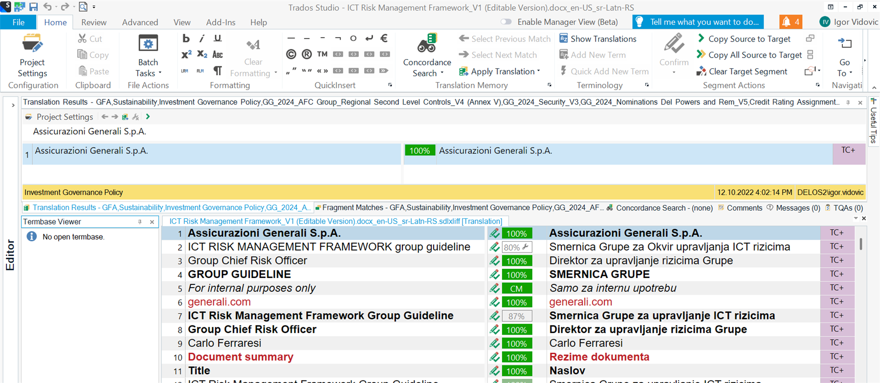 Trados Studio Editor view showing translation results for a document. The Termbase Viewer panel displays a message stating 'No open termbase.' Translation matches are listed with percentages.