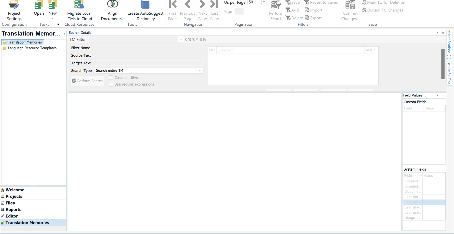 Trados Studio interface showing the Translation Memories section with no translation memory loaded and empty search fields.