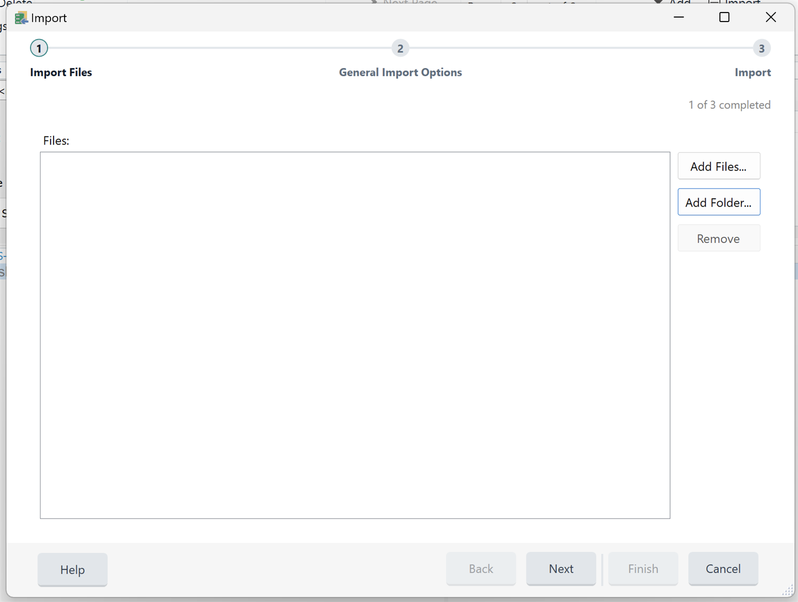 Trados Studio import screen showing an empty file list with options to add files, add a folder, or remove items. Navigation buttons include Help, Back, Next, Finish, and Cancel.