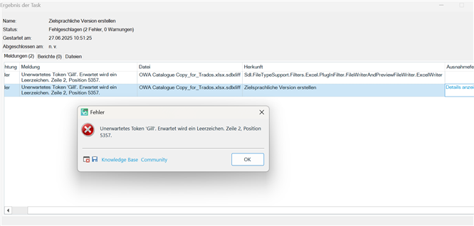 Error message in Trados Studio showing 'Unexpected token Gill. Expected is a space. Row 2, Position 5357.' with a red error icon and OK button in a pop-up window.