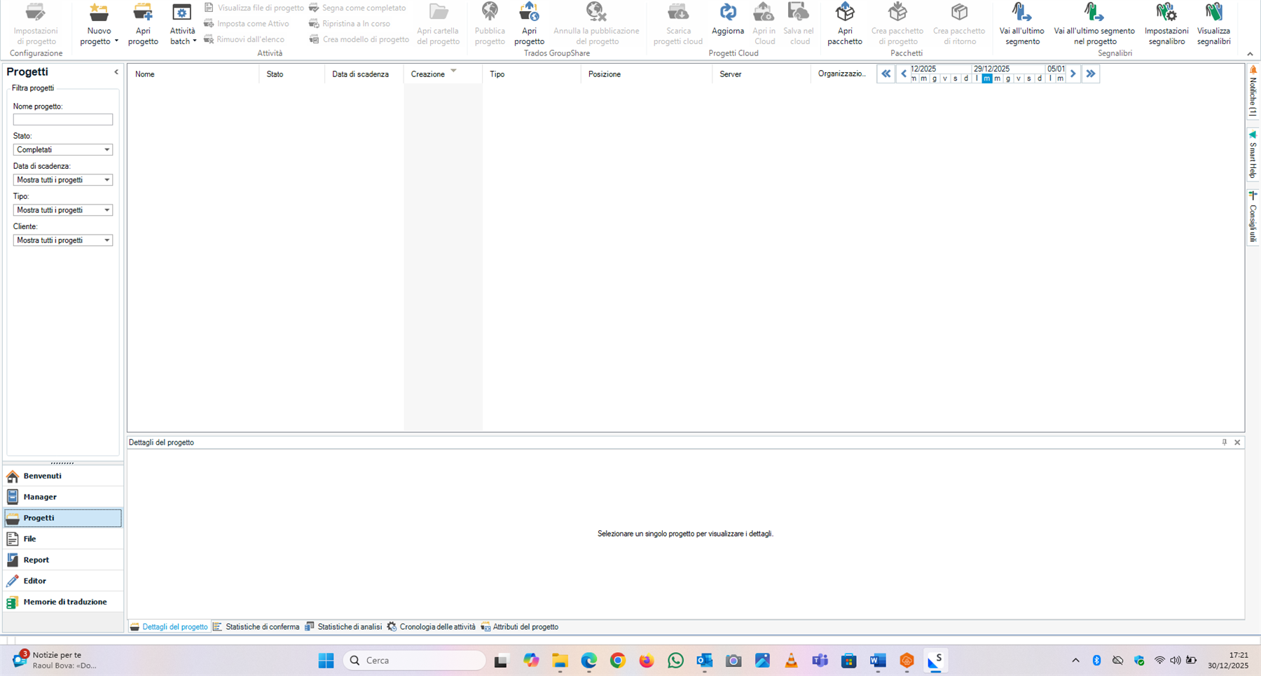 Screenshot of Trados Studio showing an empty 'Projects' section with no projects listed, despite filters being set to show all projects. The interface displays various menu options and tools.