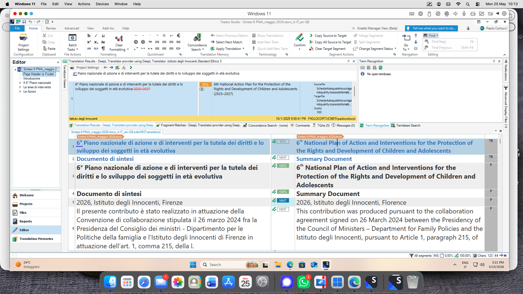 Screenshot of Trados Studio on Windows 11 showing a translation project. The Find box in the top right corner is greyed out. The editor displays Italian and English text side by side.