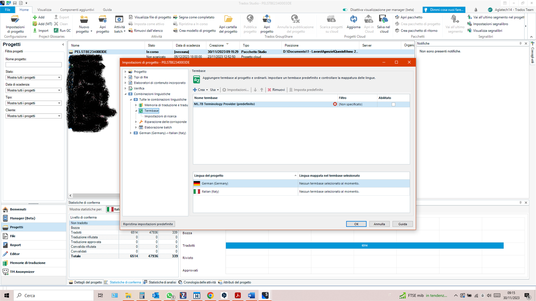 Trados Studio 2022 project view with ML.TB Terminology Provider selected but showing no notifications.