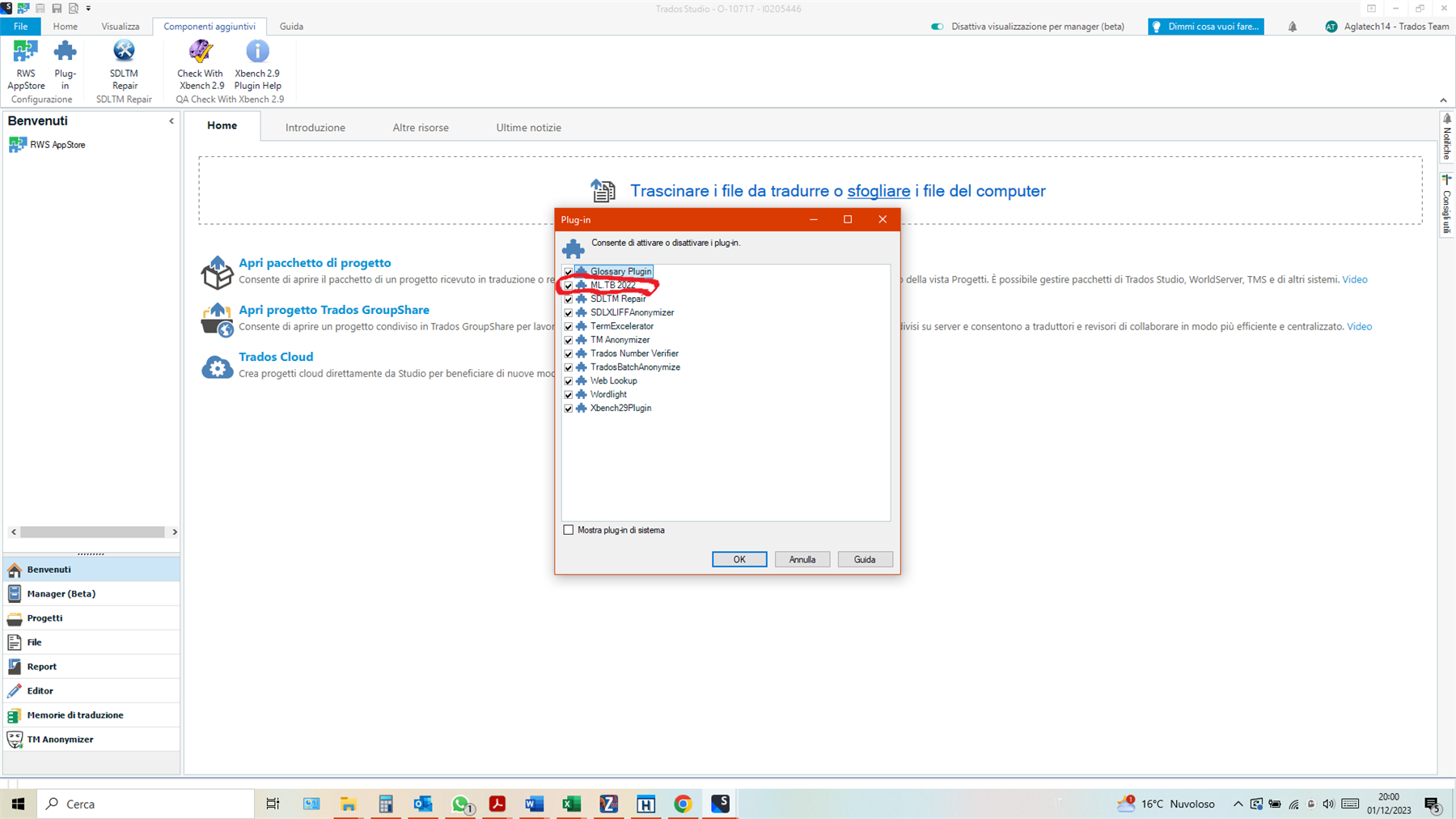 Plugin management window in Trados Studio with ML.TB Terminology Provider plugin highlighted.
