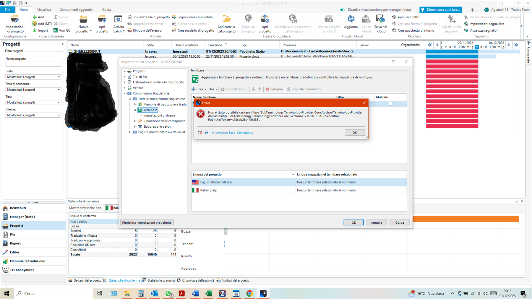 Error message in Trados Studio 2022 indicating failure to load 'Sdl.Terminology.TerminologyProvider.Core.AbstractTerminologyProvider' from assembly.