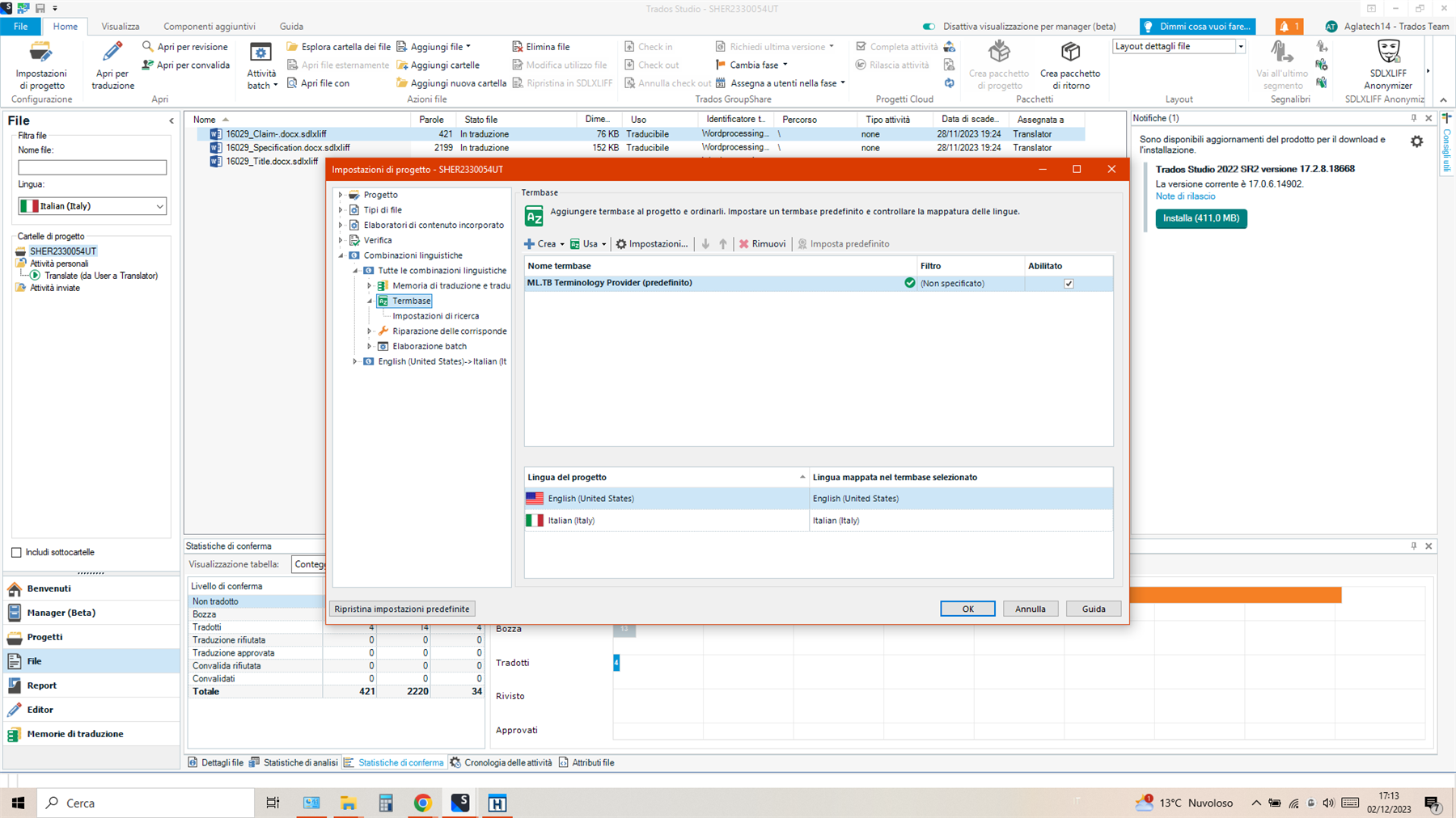 Trados Studio 2022 project settings showing ML.TB Terminology Provider selected with an update notification for version 17.2.8.18668.