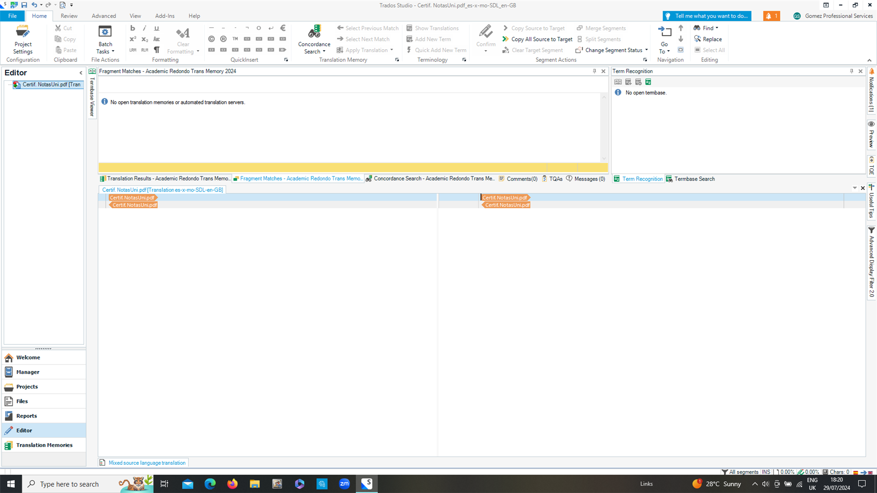 Trados Studio interface showing an error message 'No open translation memories or automated translation servers.' in the Translation Results pane.