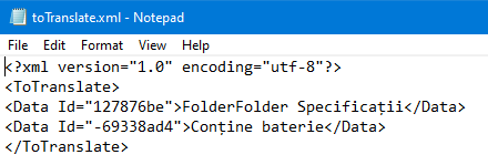 Screenshot of Notepad displaying XML file content with two data entries: 'FolderFolder Specificatii' and 'Contine baterie'.