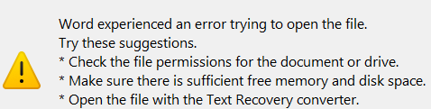 Error message in Trados Studio stating 'Word experienced an error trying to open the file' with suggestions to check file permissions, ensure sufficient memory and disk space, and to use the Text Recovery converter.