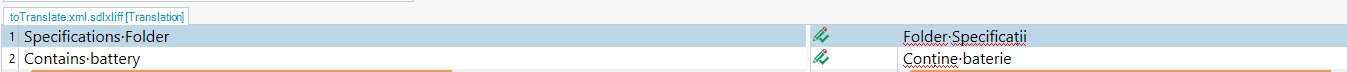 Screenshot of Trados Studio showing bilingual sdlxliff file with two rows: 'Specifications-Folder' and 'Contains-battery', with corresponding translations.