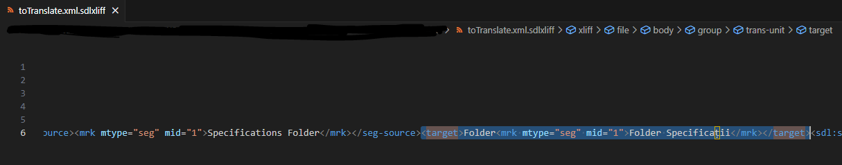 Screenshot of Visual Studio Code showing sdlxliff file content with a target tag containing unexpected text: 'Folder Specificatii'.