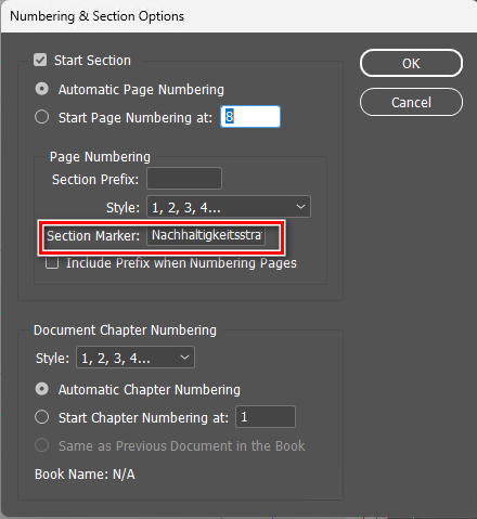 Trados Studio screenshot showing Numbering & Section Options dialog with Section Marker field containing the text 'Nachhaltigkeitsstra'.