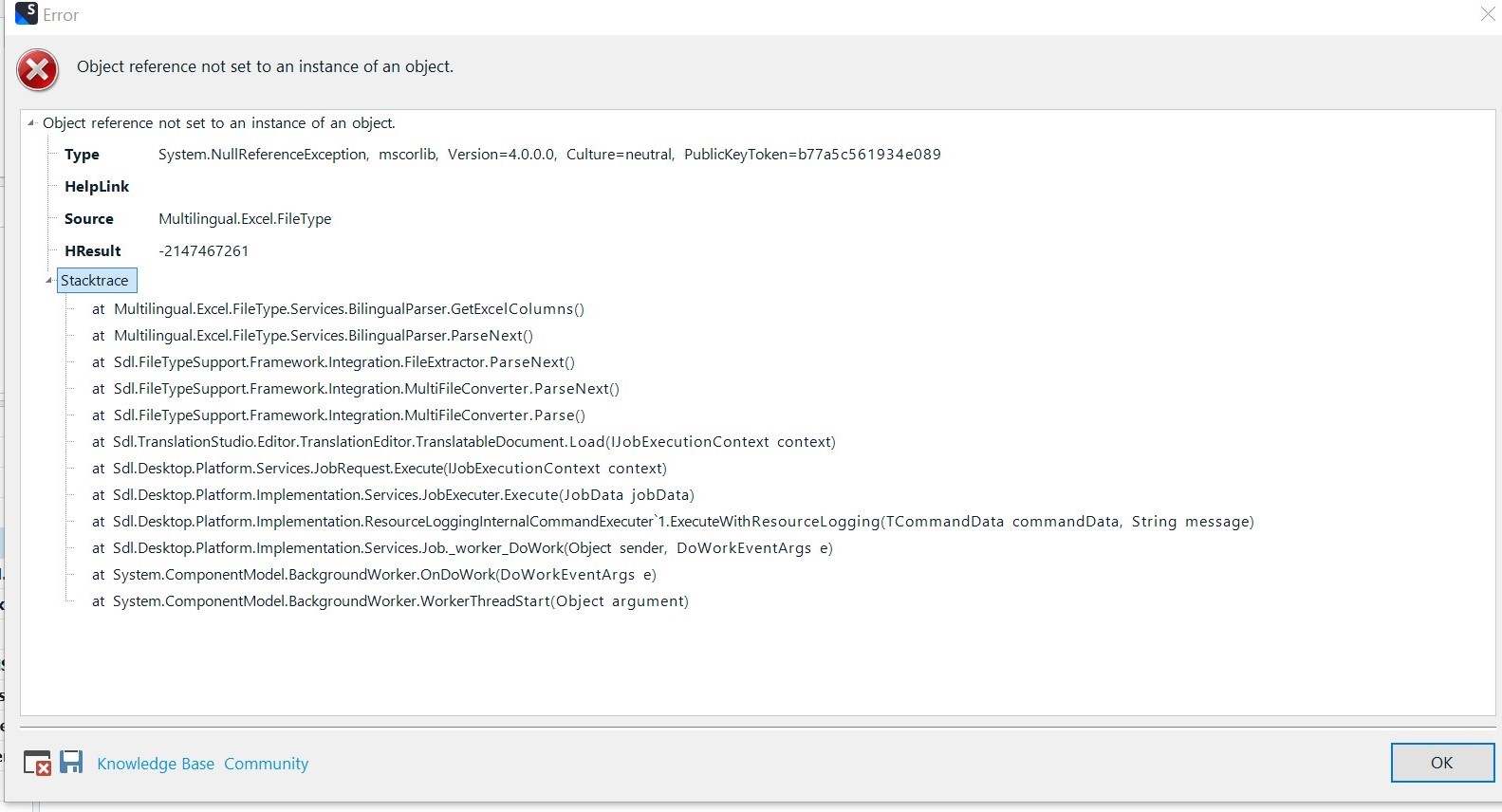 Trados Studio error dialog box showing 'Object reference not set to an instance of an object.' with a System.NullReferenceException and stack trace details.