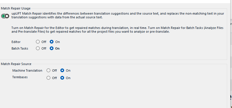 Trados Studio Match Repair settings with options for Editor and Batch Tasks, indicating where to turn on match repair.