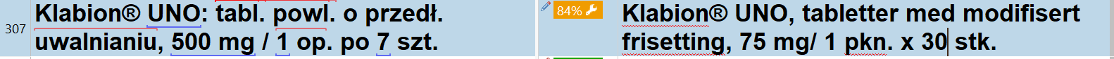 Close-up of Trados Studio segment with an 84% match and a warning icon indicating a difference in medication dosage.