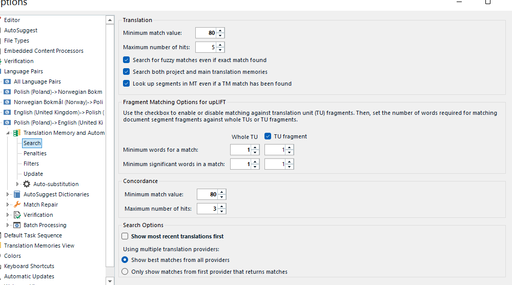 Trados Studio settings showing options for minimum match value and fragment matching for translation memory.