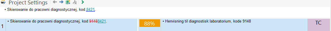 Trados Studio segment comparison showing an 88% match but not replacing different numbers in the medical code.