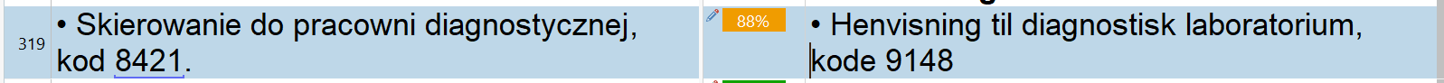 Close-up of Trados Studio segment with an 88% match and a warning icon indicating a difference in numbers.