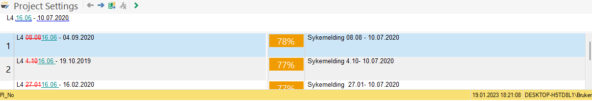 Screenshot of Trados Studio project settings with three segments showing 78%, 77%, and 77% matches, with dates partially filled but times missing.