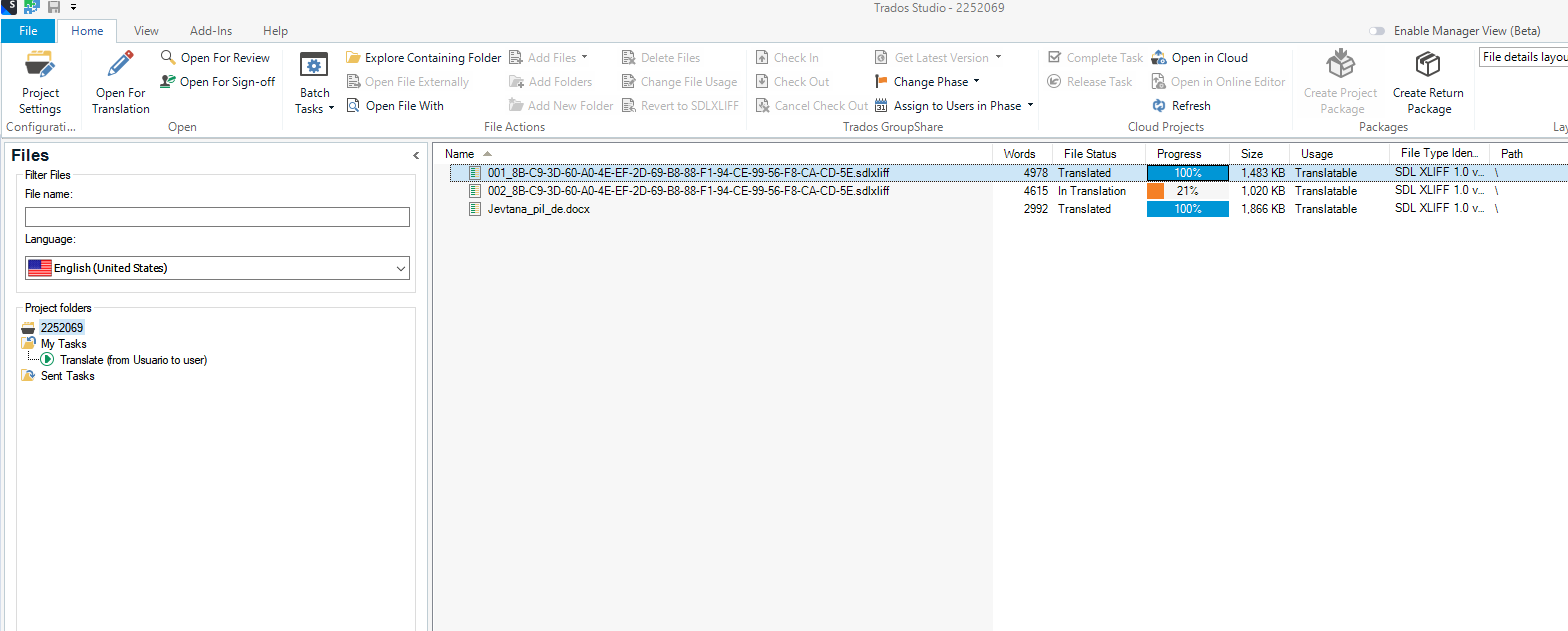 Trados Studio project files list showing file '001...' with status 'Translated' and progress at 100%, and file 'Jevtana...' with status 'Translated' and progress at 100%.