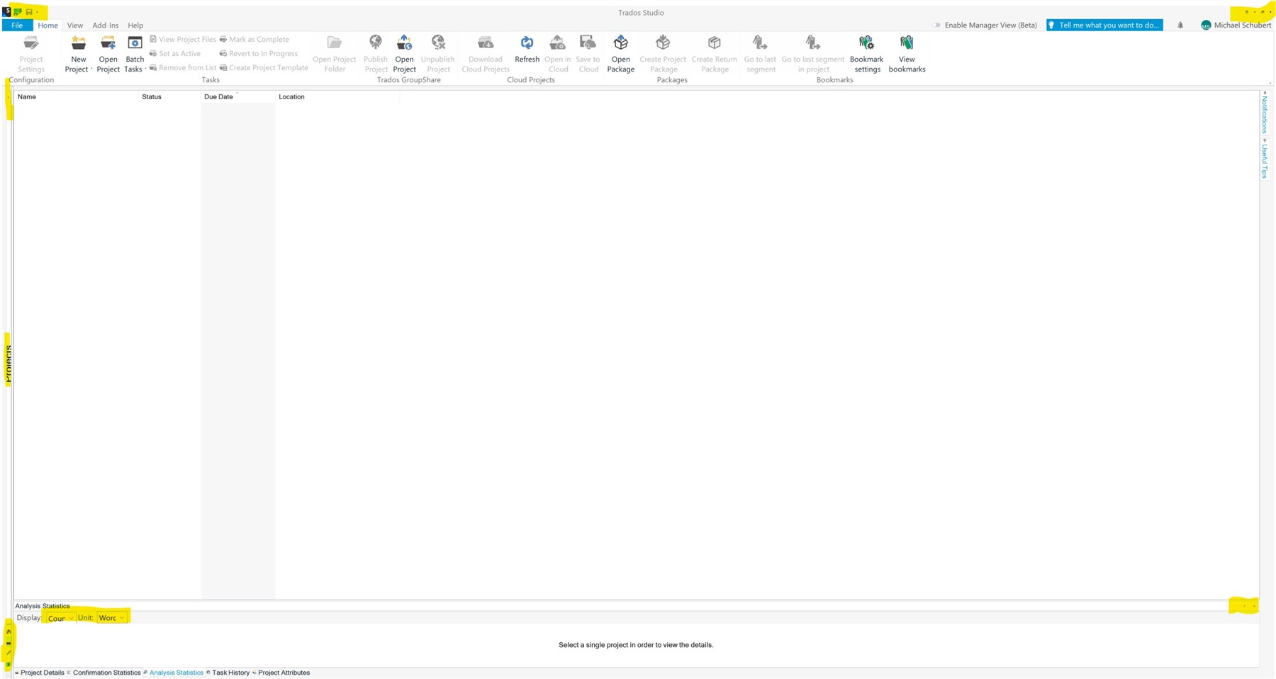 Trados Studio interface with problematic elements highlighted: Windows minimizerestoreclose buttons, Quick Launch Bar, Navigation Pane, and drop-down box widths.