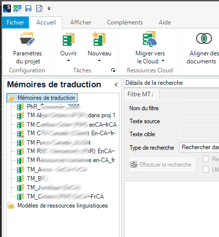 Trados Studio interface showing the Translation Memory tab with a list of memory databases. No visible errors or warnings.