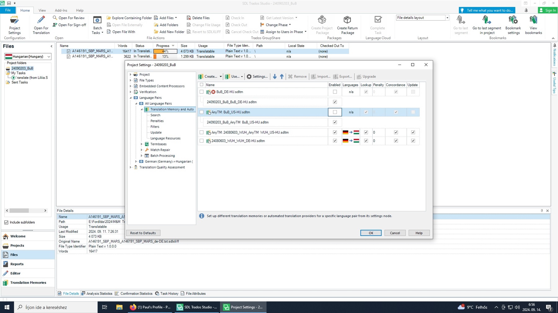 Screenshot of SDL Trados Studio showing the Translation Memories settings with four TMs listed. Two are sub-TMs and two are main TMs, with the main TMs not enabled. No update available is indicated for the main TMs.