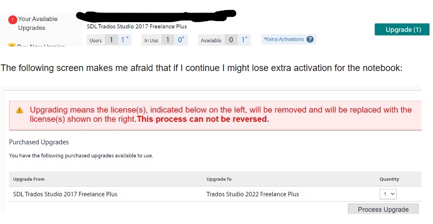 Trados Studio upgrade interface showing a warning that upgrading the license cannot be reversed, with an option to process the upgrade from Studio 2017 to Studio 2022.