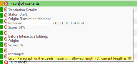 Trados Studio error message indicating a paragraph unit exceeds maximum allowed length of 8, current length is 18.